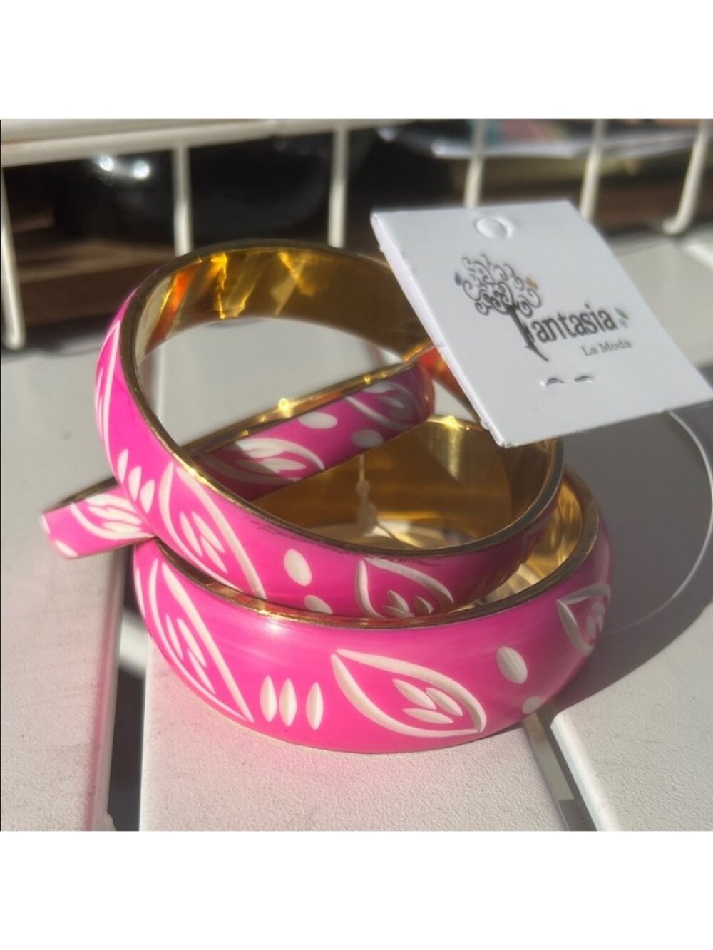 Fantasia cut out carved Pink White Brass Gold chunky Barbie Bangles India 🇮🇳